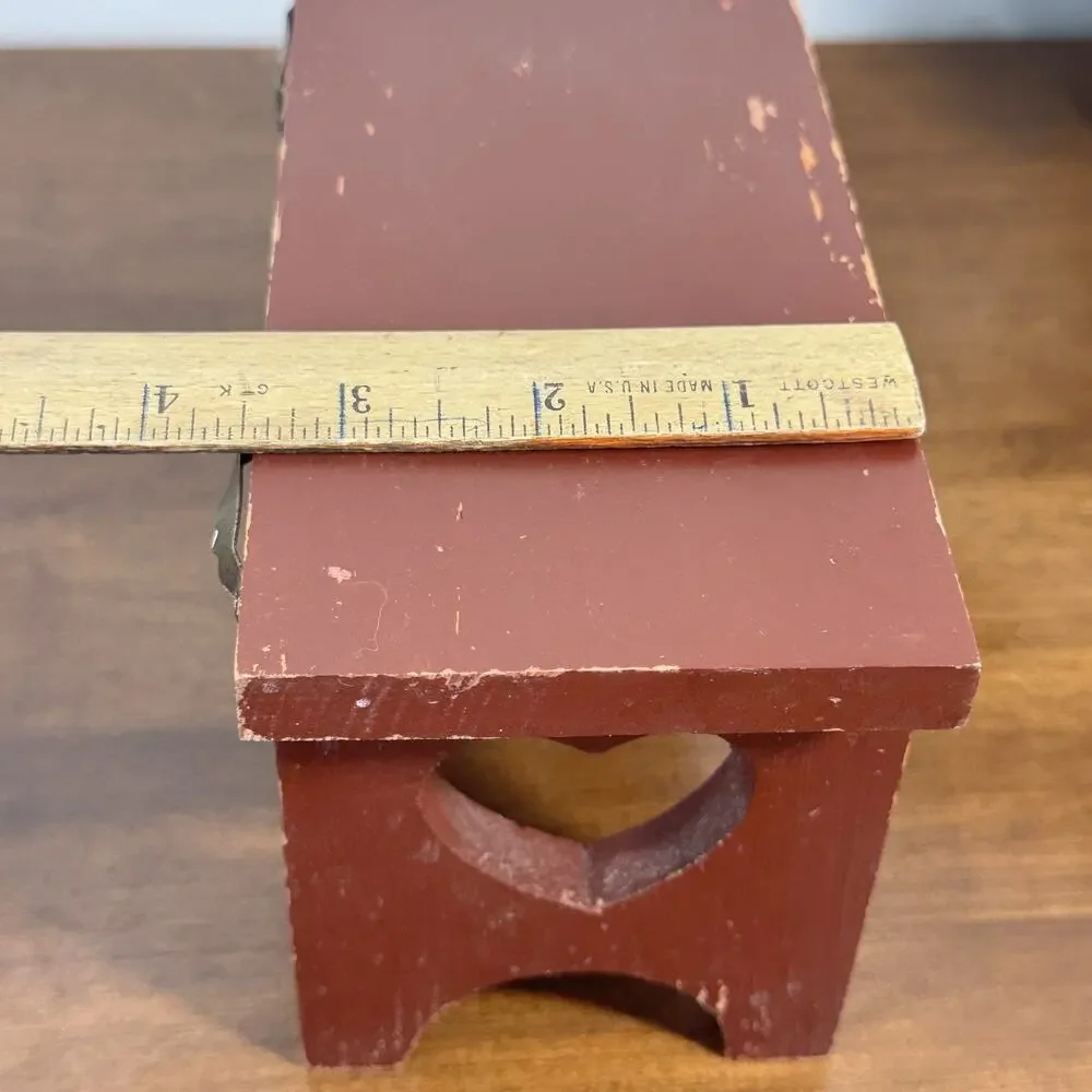 Vintage Small Wood Riser Shelf Rustic Heart Cutout Distressed Red Decor